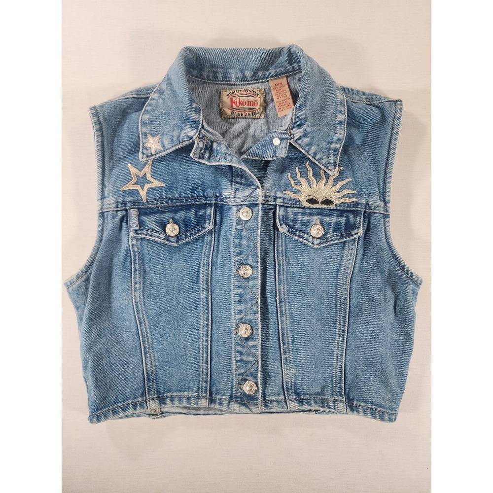 Kikomo Denim Vest Women M Celestial Sun Star Embroidered Cropped Y2K Vintage